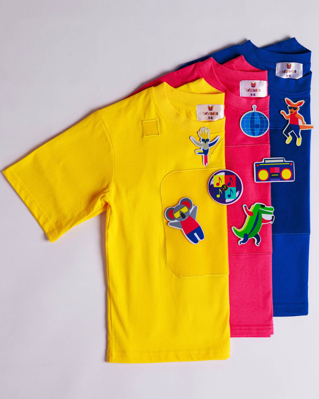 Yellow, blue and pink TeeBoo™ interactive kids T-shirts from the Aussie Animals Disco gift-ready collection.