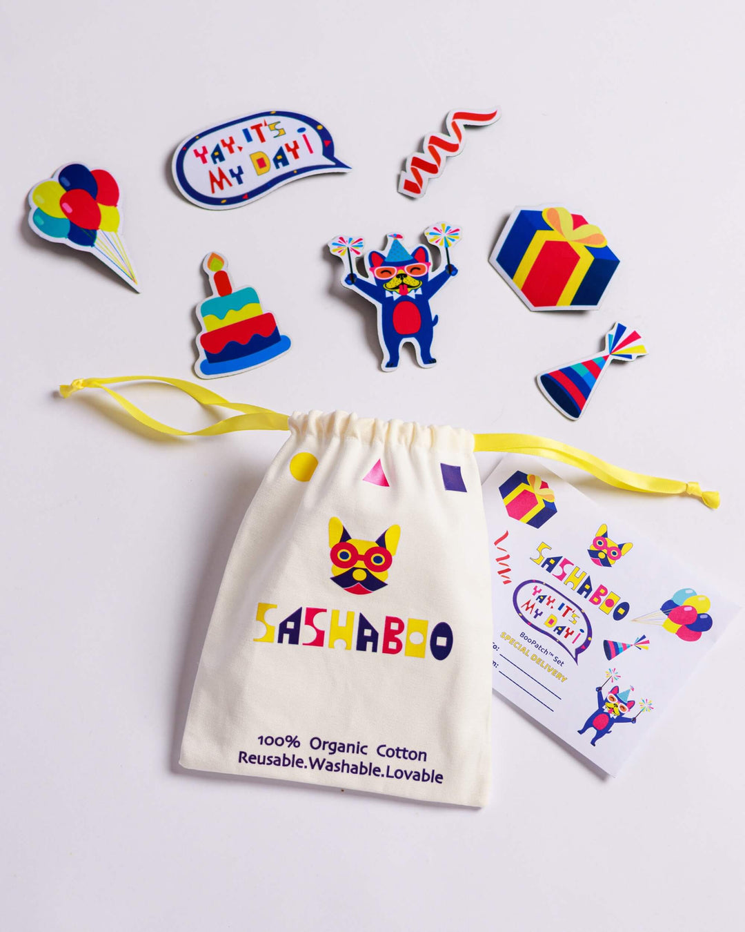Yay, It's My Day! BooPatch™ bithday set for TeeBoo™ interactive kids T-shirts encouraging creative, screen-free play.