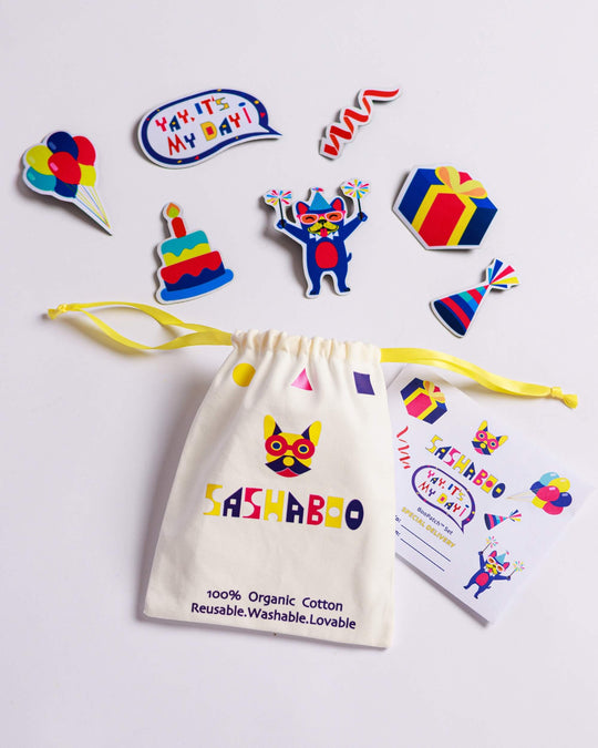 Yay, It's My Day! BooPatch™ bithday set for TeeBoo™ interactive kids T-shirts encouraging creative, screen-free play.