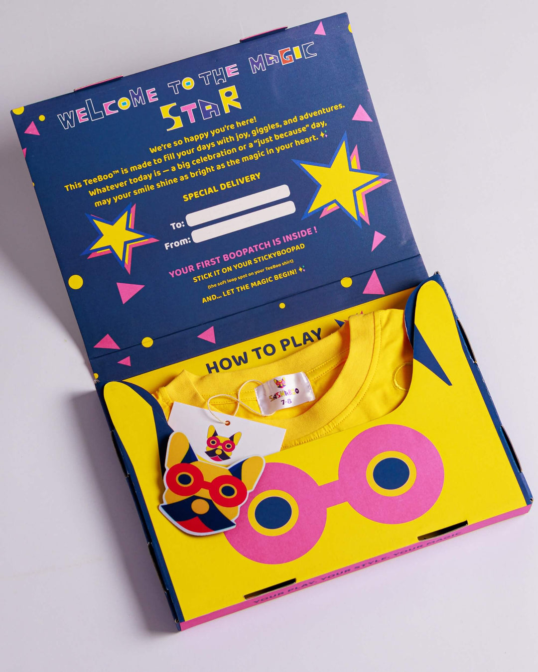 Premium gift-ready BooPatch™ set with a yellow TeeBoo™ interactive kids T-shirt by SASHABOO.