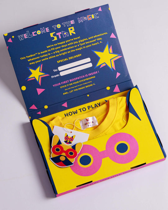 Premium gift-ready BooPatch™ set with a yellow TeeBoo™ interactive kids T-shirt by SASHABOO.