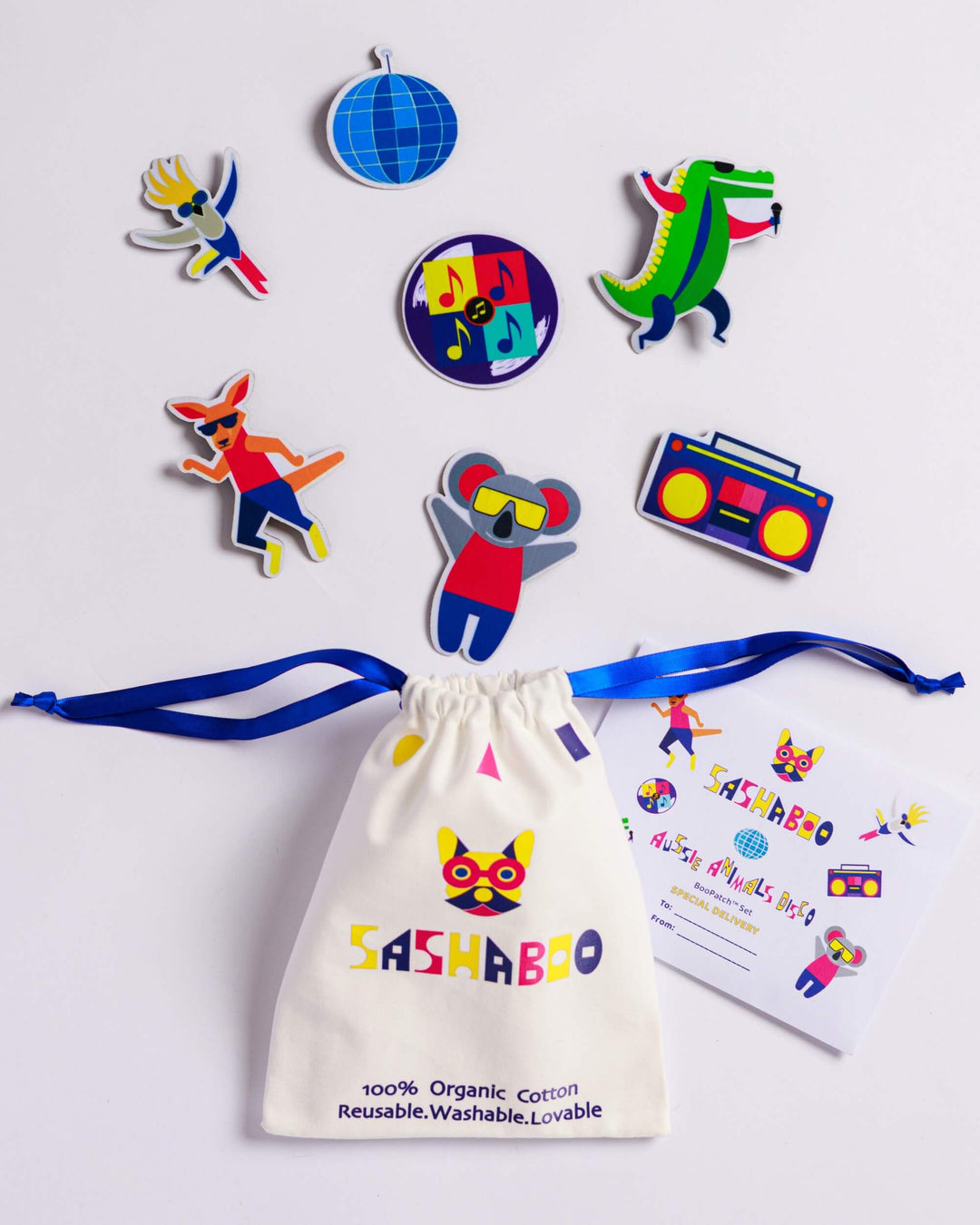 Premium SASHABOO gift-ready set with a TeeBoo™ interactive kids T-shirt and Aussie Animals Disco BooPatch™ set.