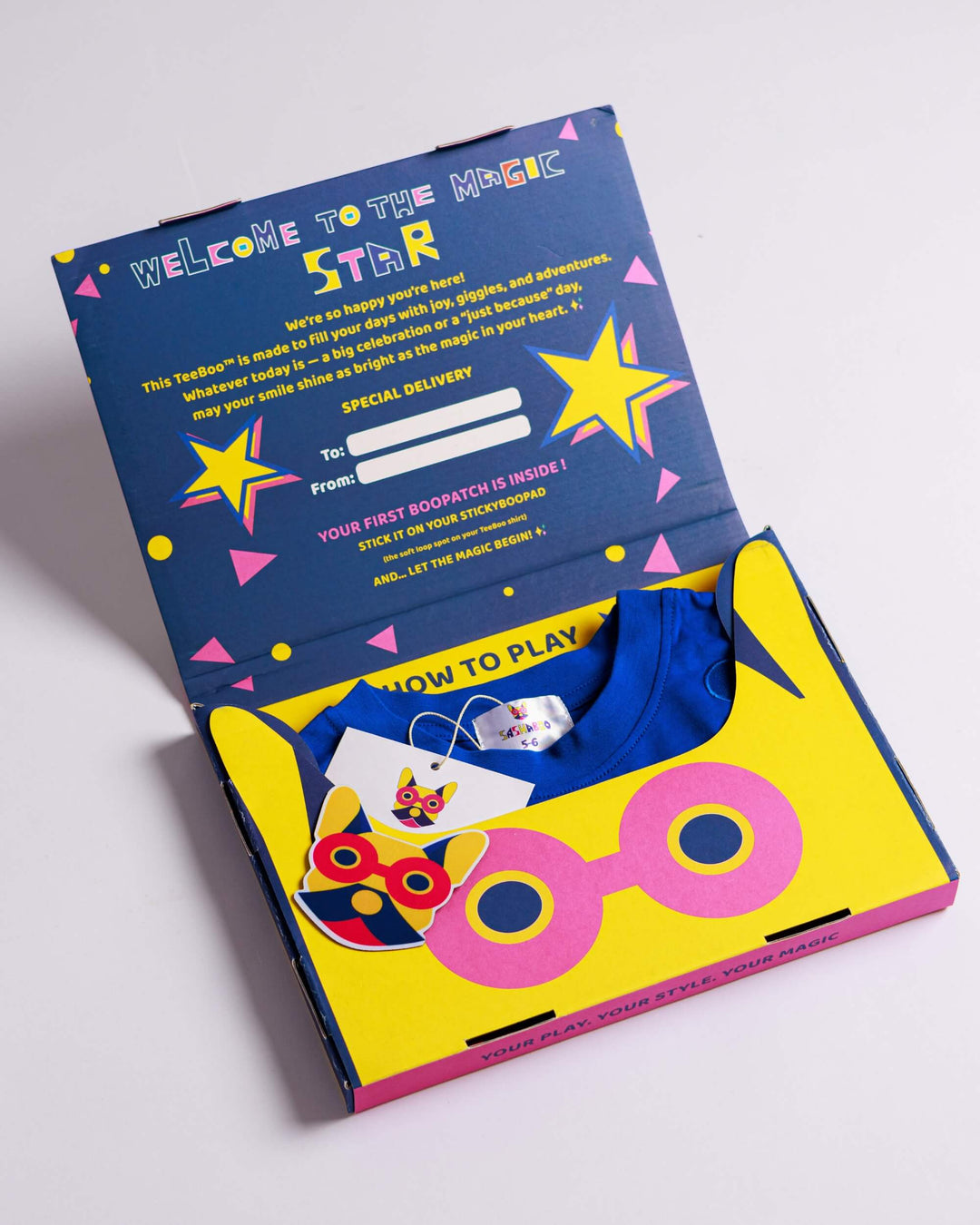 Premium gift-ready BooPatch™ set with a blue TeeBoo™ interactive kids T-shirt by SASHABOO.