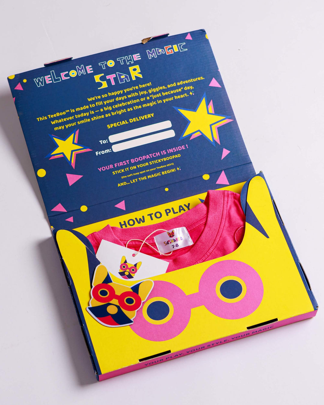 Premium gift-ready BooPatch™ set with a pink TeeBoo™ interactive kids T-shirt by SASHABOO.