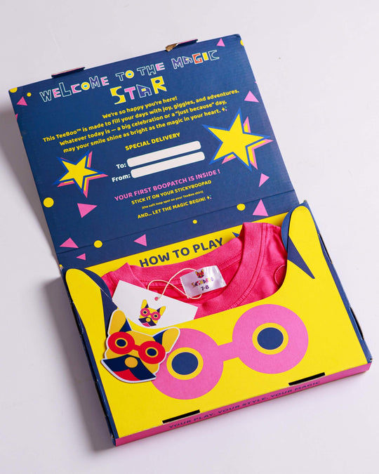 Premium gift-ready BooPatch™ set with a pink TeeBoo™ interactive kids T-shirt by SASHABOO.