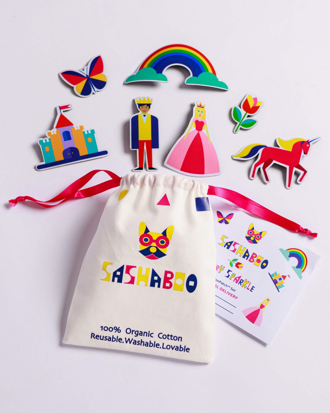 Premium SASHABOO gift-ready set including the TeeBoo™ interactive kids T-shirt and Fairy Sparkle BooPatch™ collection.