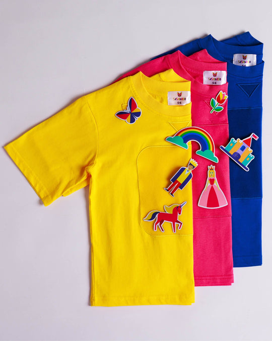 Yellow, blue and pink TeeBoo™ interactive kids T-shirts with the Fairy Sparkle BooPatch™ collection by SASHABOO.