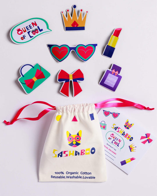 Premium gift-ready Queen of Cool BooPatch™ set with a blue TeeBoo™ interactive kids T-shirt by SASHABOO.