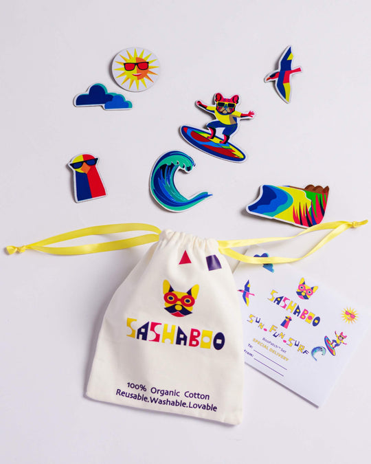 Gift-Ready Premium Sun.Fun.Surf. BooPatch™ set with reusable patches for TeeBoo™ interactive kids T-shirts.