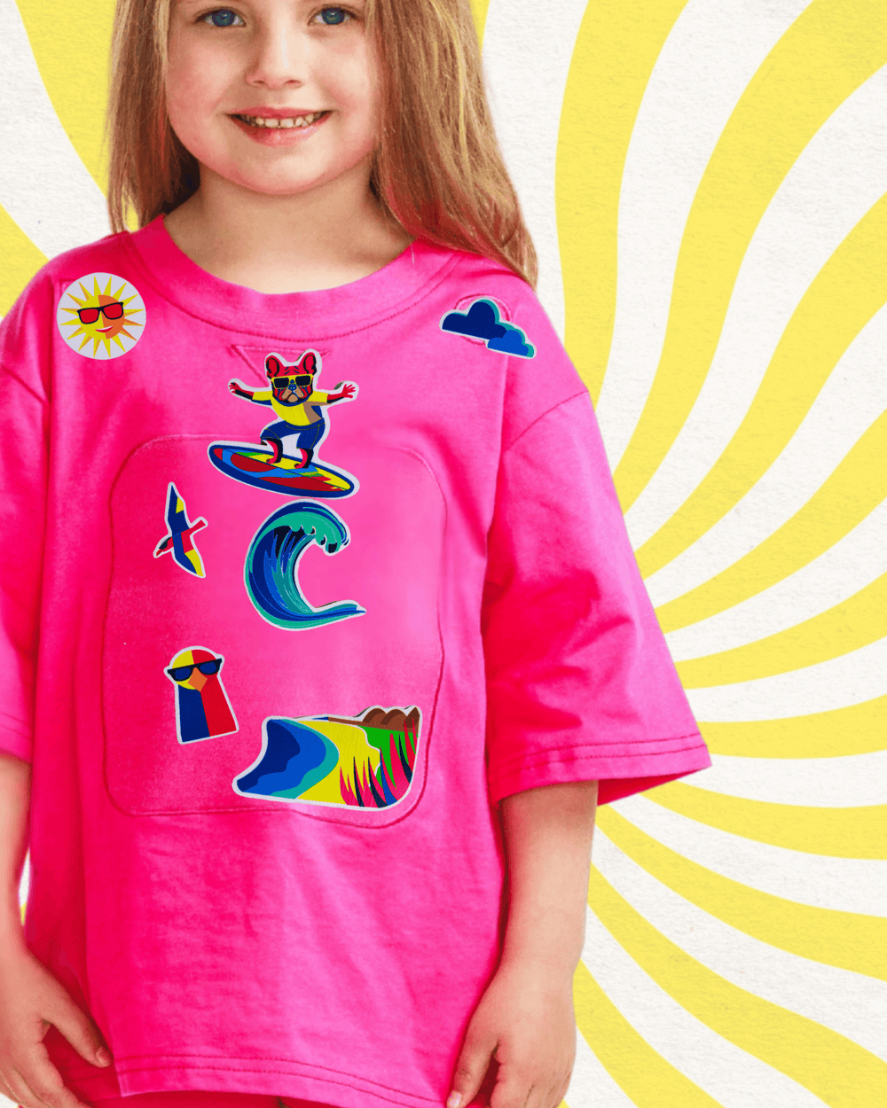 girl wearing a pink TeeBoo™ interactive kids T-shirt with the Aussie Animals Disco BooPatch™ gift-ready set.