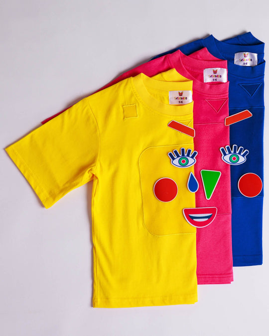 Yellow, blue and pink TeeBoo™ interactive kids T-shirts with the Moody Friends BooPatch™ gift-ready collection by SASHABOO.