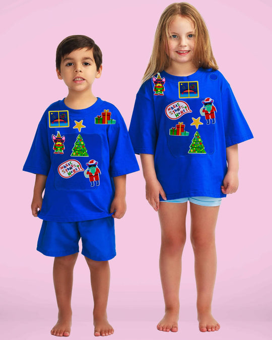 Girl and Boy wearing a blue TeeBoo™ interactive T-shirt with Christmas BooPatch™ set – SashaBoo festive gift set
