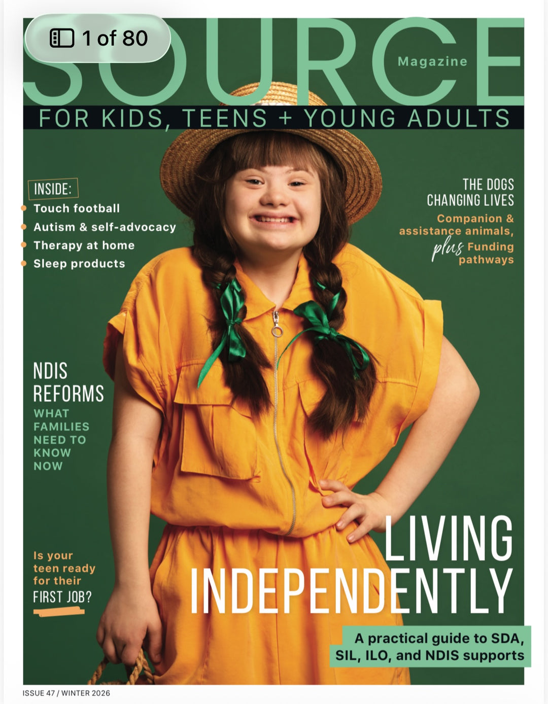 SOURCE Magazine Winter 2026 cover, Issue 47. SASHABOO Kids featured on page 7 in the We Love section, showcasing interactive TeeBoo T-shirts and interchangeable BooPatch designs.