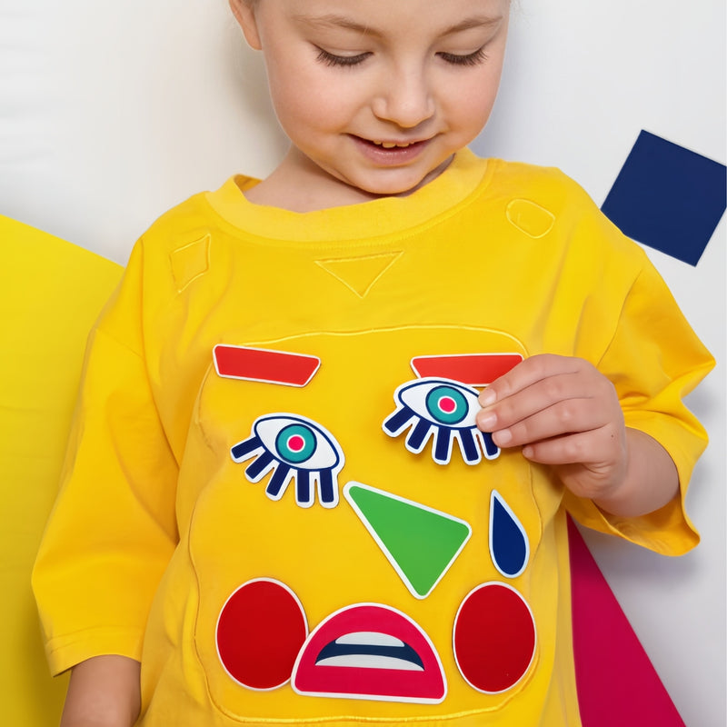 Young child wearing a yellow SASHABOO TeeBoo interactive T-shirt, holding an interchangeable eye patch from the Moody Friends BooPatch collection to create a colourful face design.