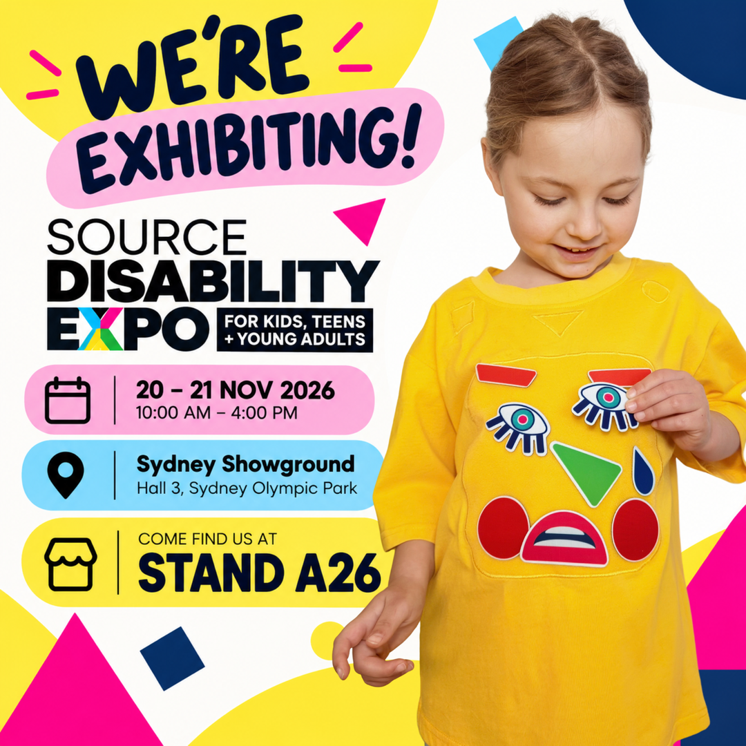 SASHABOO exhibiting at Source Disability Expo Sydney, 20–21 November 2026, Stand A26. Child wearing a yellow interactive TeeBoo T-shirt with colourful interchangeable BooPatch designs.
