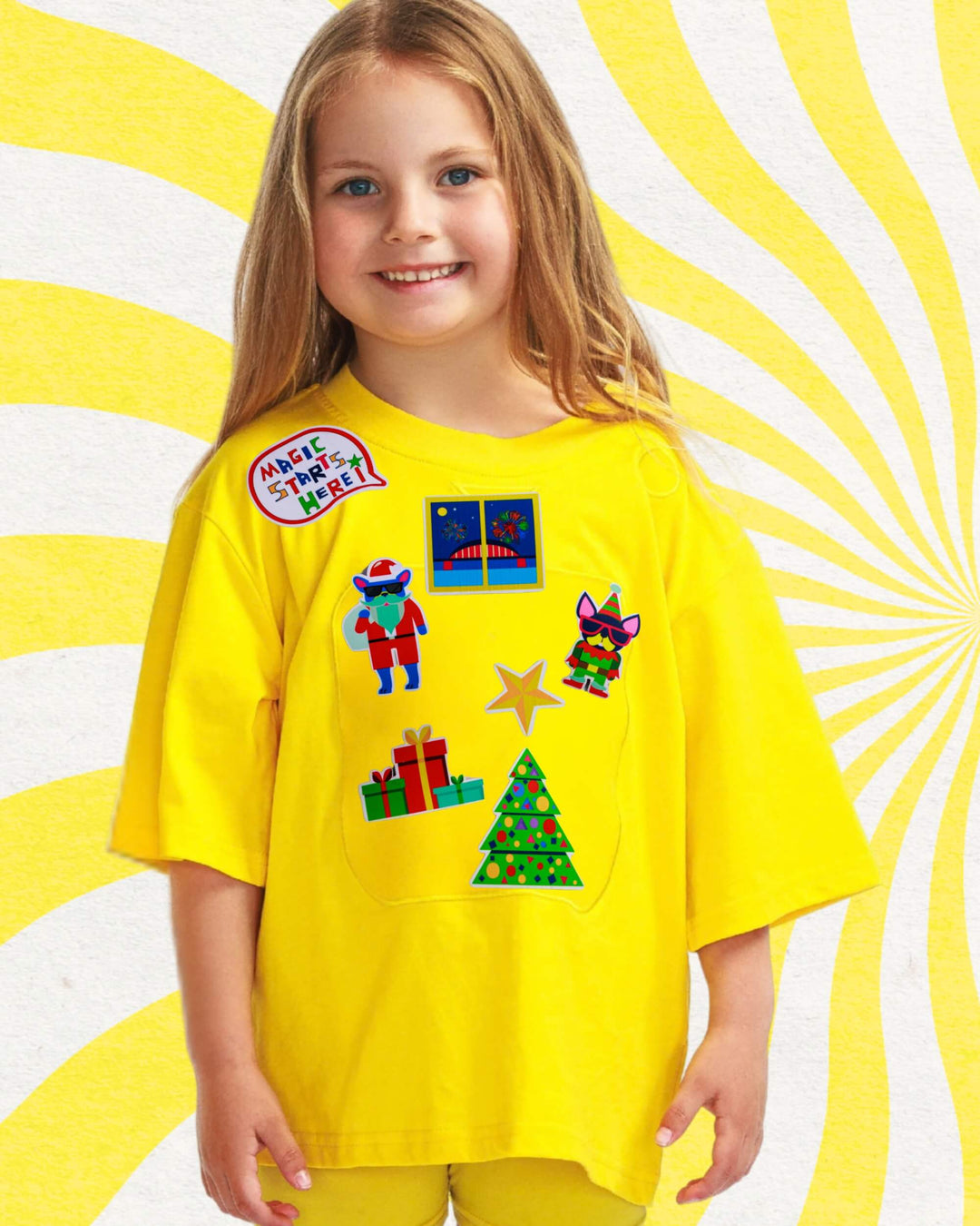 Girl wearing a yellow TeeBoo™ interactive T-shirt with Christmas BooPatch™ set – SashaBoo festive gift set
